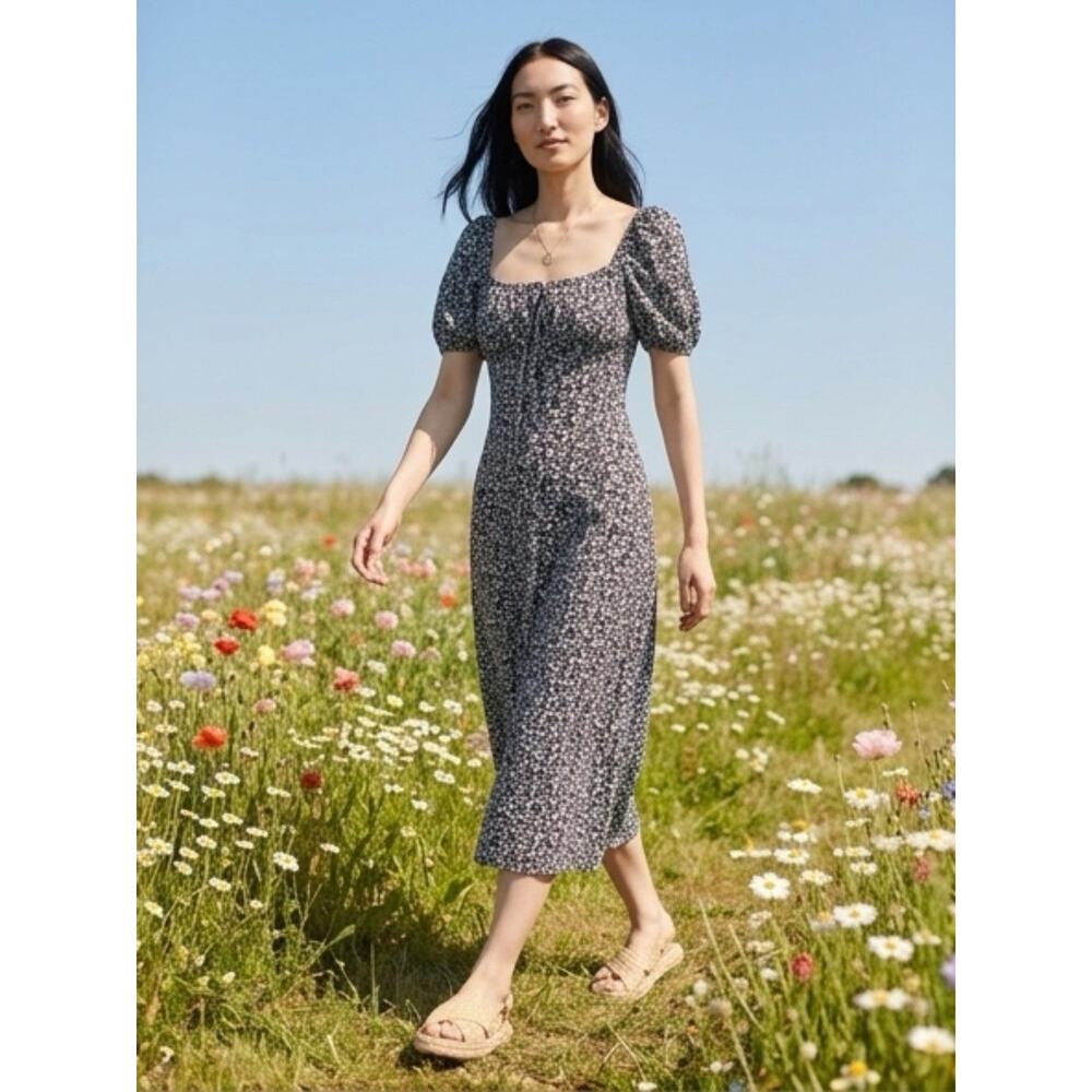 Cottagecore Romantic Feminine PuffSleeve Coquette Milkmaid Black Floral Dress M